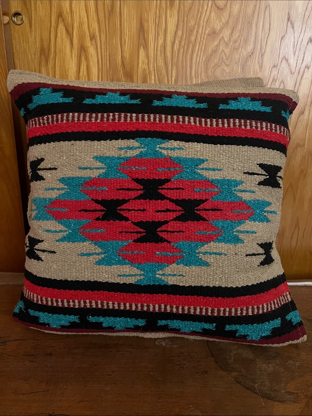 Handwoven Southwestern Accent Pillow in Red, Teal, Black - Unbranded